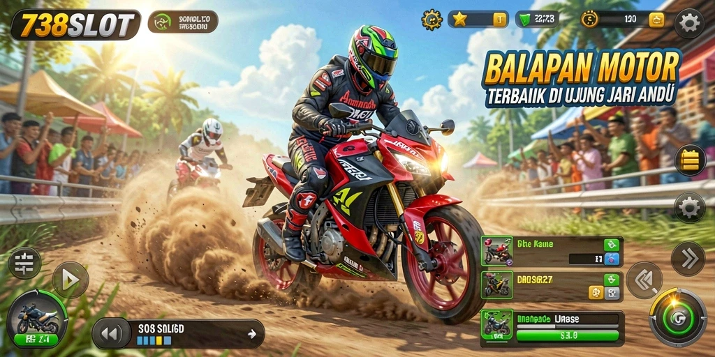 Tampilan gameplay 738SLOT dengan balapan motor yang mendebarkan.