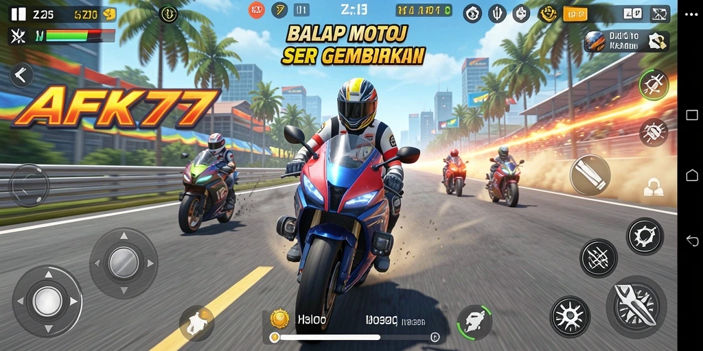Gameplay balap motor yang mendebarkan di AFK77.