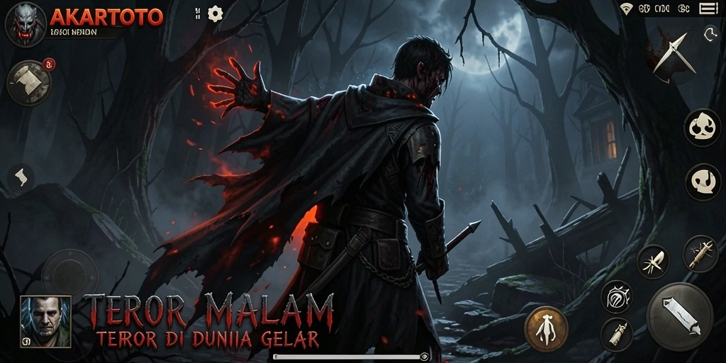 Skrin utama gameplay AKARTOTO yang menampilkan suasana horor yang mencekam.
