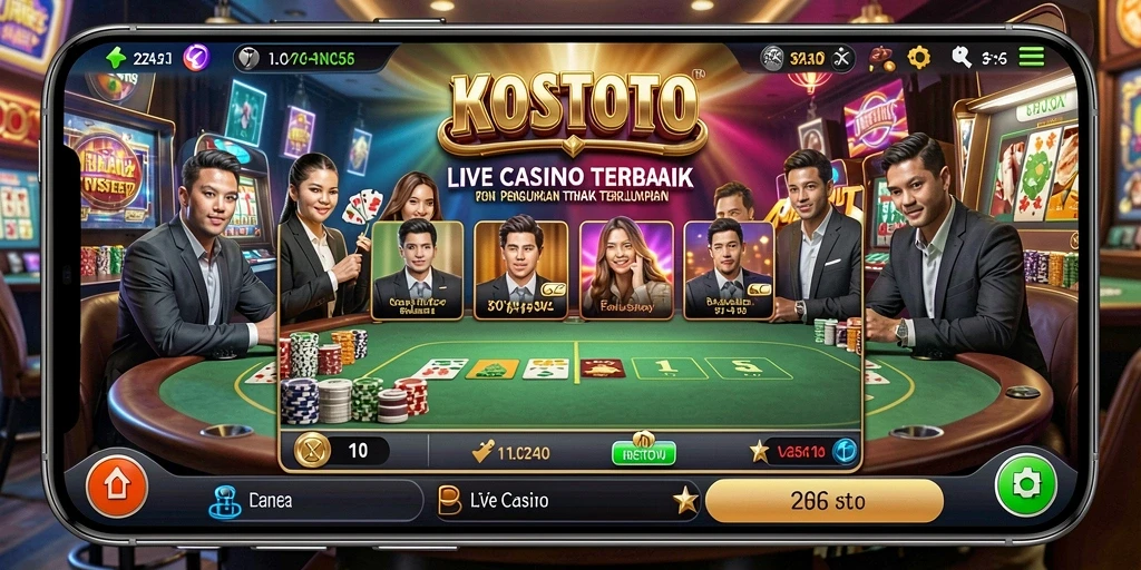 Screenshot KOSTOTO menampilkan dealer langsung dengan suasana kasino yang mengasyikkan.
