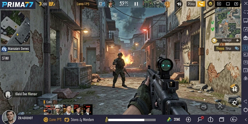 Tampilan gameplay menegangkan dalam PRIMA77, aksi tembak-menembak yang seru.