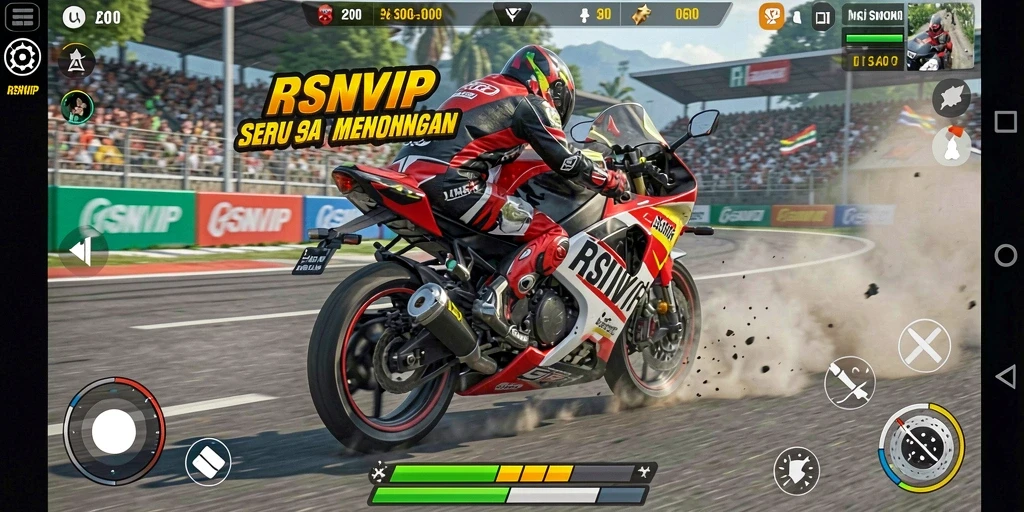 Gameplay RSNVIP dengan balapan motor yang seru.