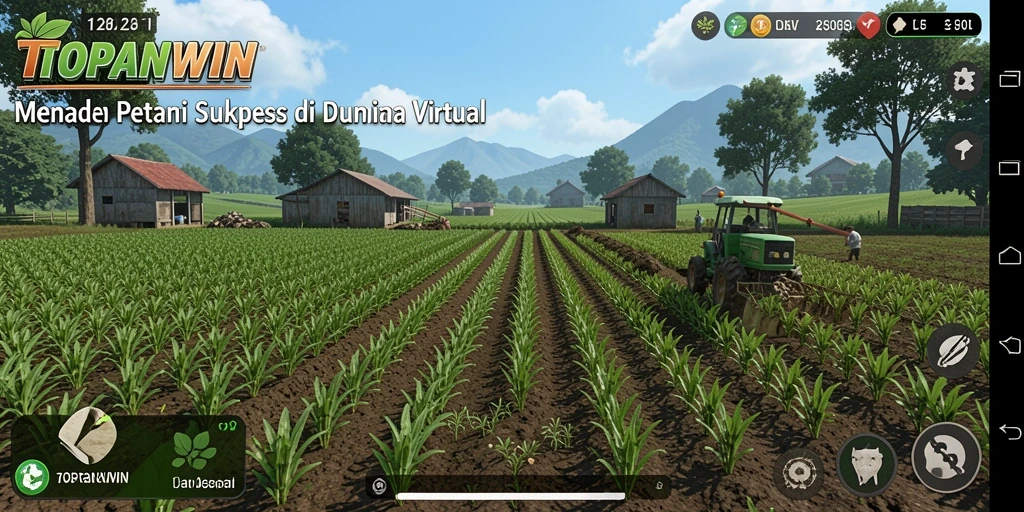 Gameplay TOPANWIN menunjukkan ladang subur dan aktivitas pertanian yang seru.