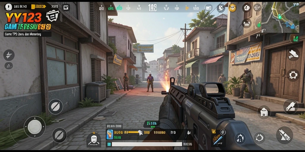Tampilan gameplay seru dalam YY123, penuh aksi tembak-menembak.